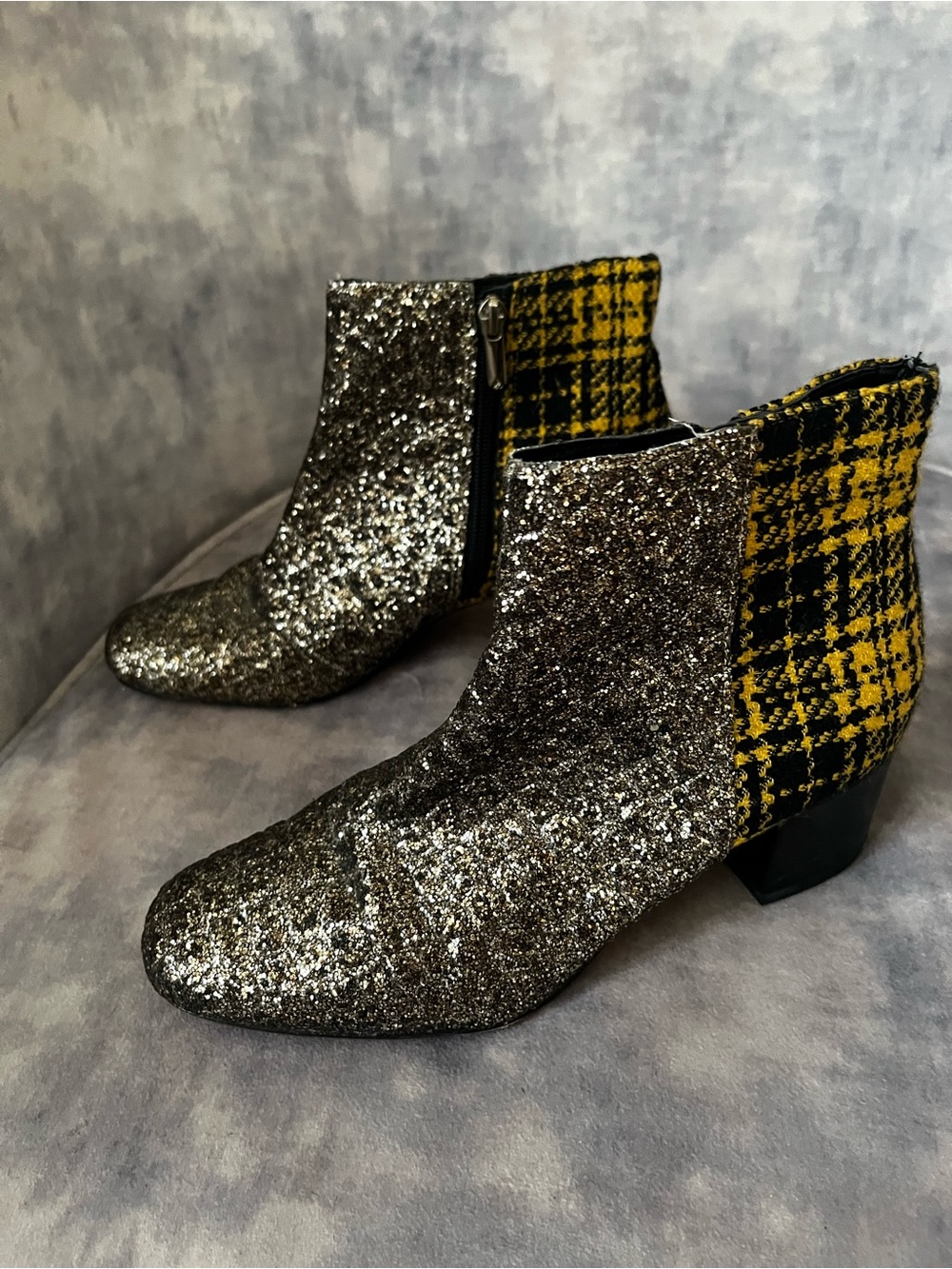 Sam Edelman Glitter & Plaid Ankle Mod Boots - Gold Glitter with Yellow Plaid